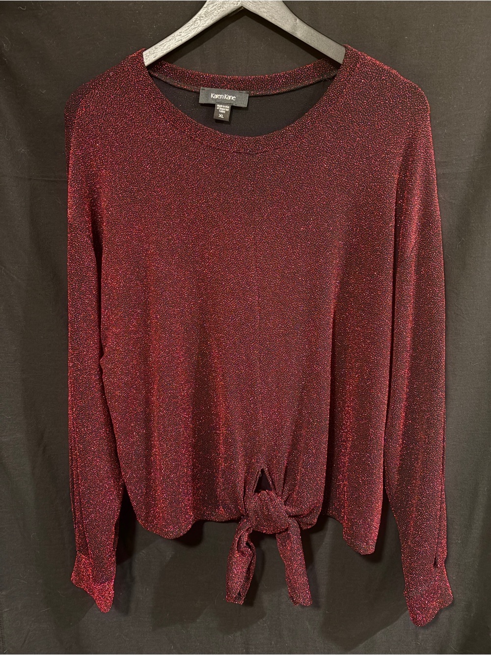Karen Kane Metallic Tie-Front Long Sleeve Top - Burgundy